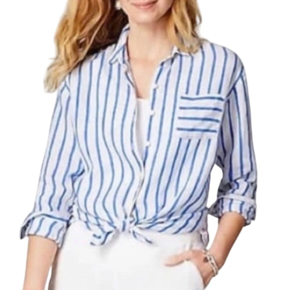 NEW J JILL Love Linen Blue/White Stripe 100% Linen Button Down Shirt Size XS - Picture 2 of 10